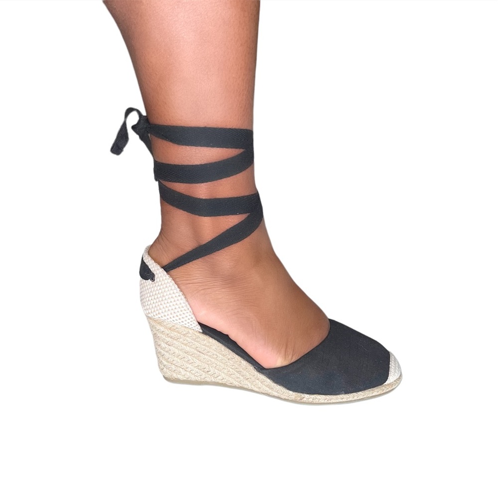 le chateau Black and Natural Espadrille Wedge Sandals with Ankle Wrap